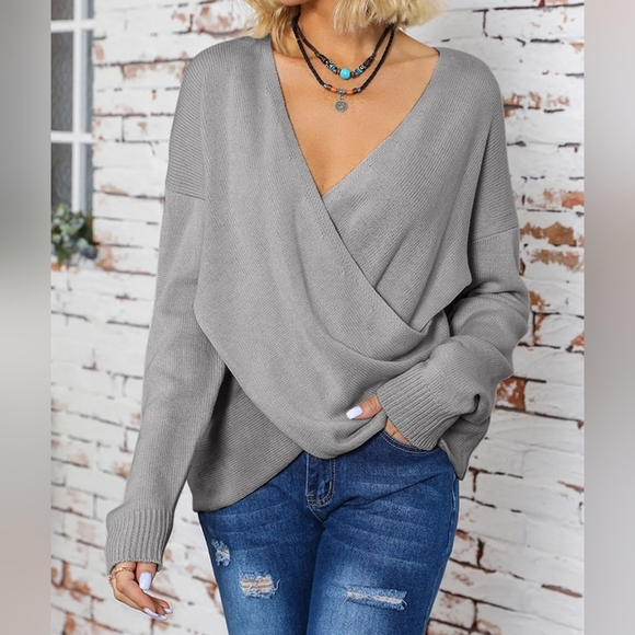 CLASSY Surplice Dropped Shoulder Length Sleeve Sweater - Picture 2 of 5